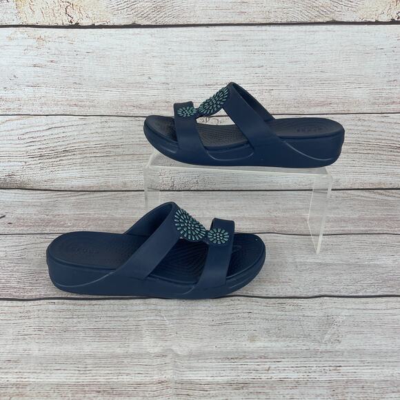 Crocs Womens Monterey Diamante Womens sz 7 Slip-On Wedge Sandals Navy Blue - Picture 1 of 9